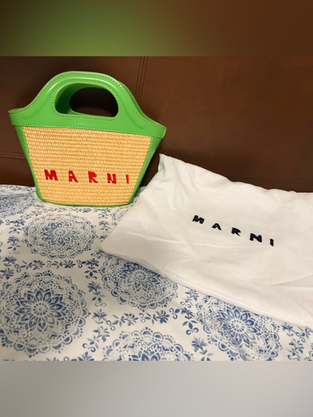 Marni Straw Tote with Lime Green Trim and Red Logo